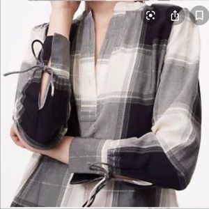 Loft  Metallic Plaid Tie Cuff Split Neck Top